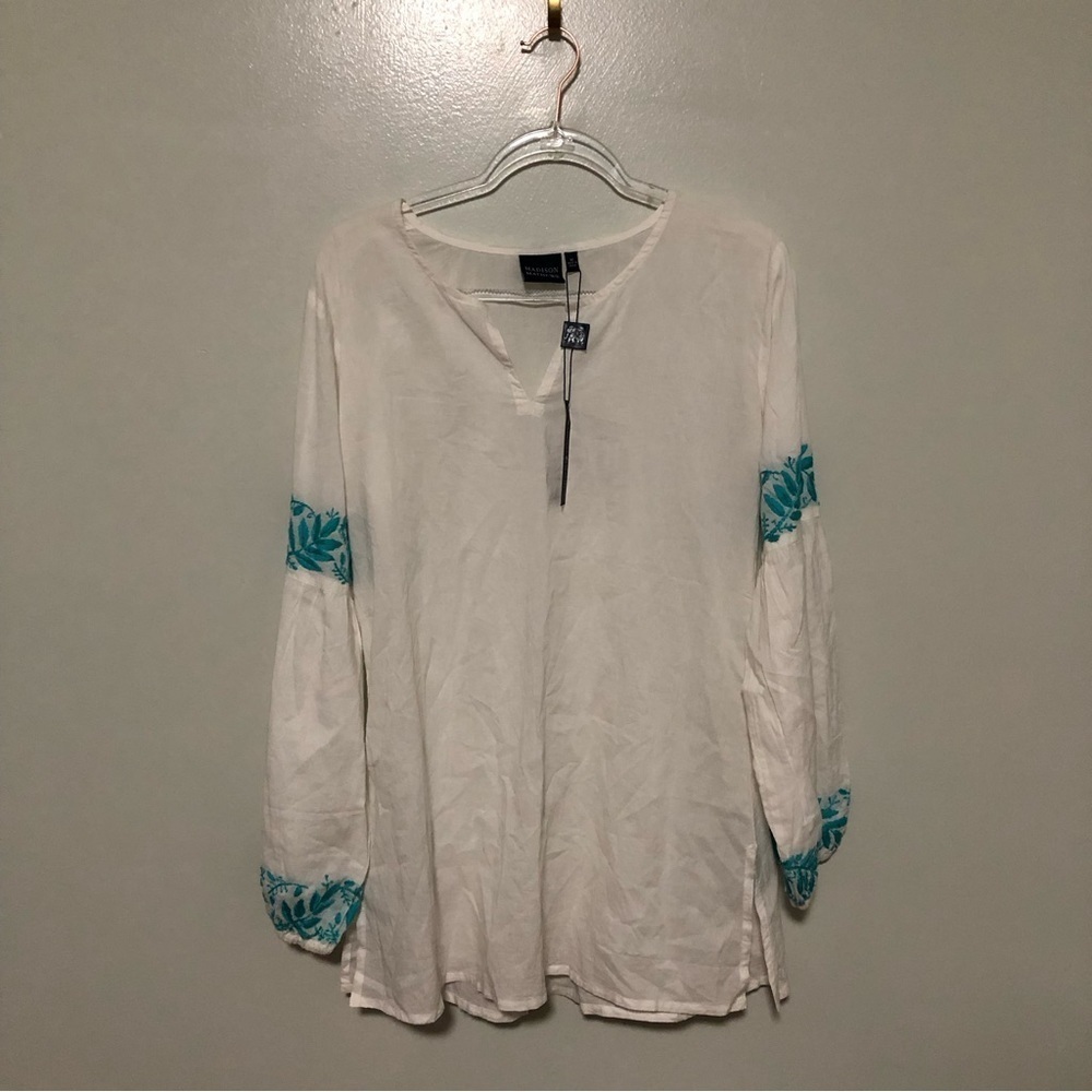 Madison Mathews Cover Up Tunic Embroidered New White Blue Medium